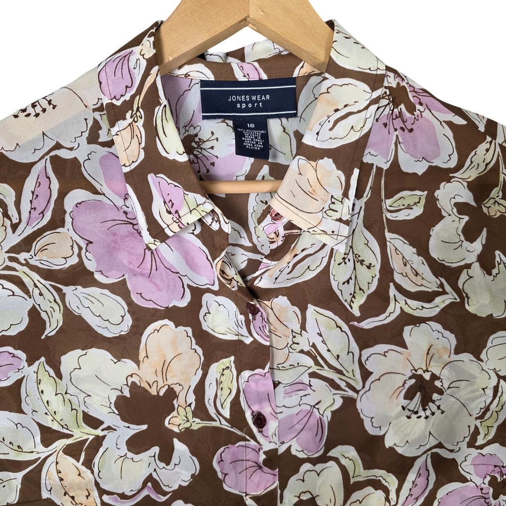 Jones Wear Sport Floral Button Up Blouse Womens 16 Brown‎ NEW Botanical Romantic